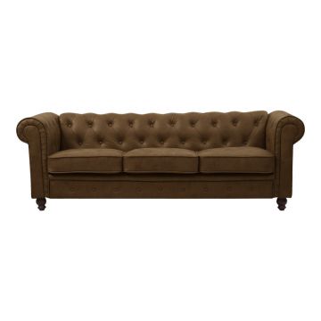 Canapea cu 3 locuri de tip Chesterfield, din tesatura maro antichizata, 203x84x67 cm
