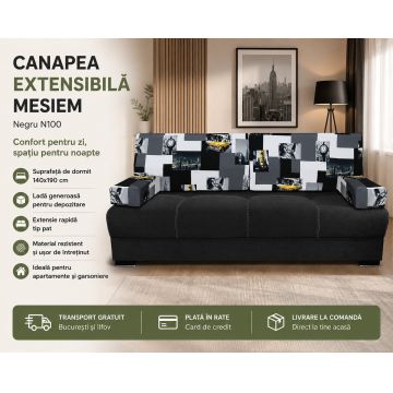 Canapea Extensibila Mesiem Negru N100 cu Lada de Depozitare si Suprafata de Dormit 140x190 cm