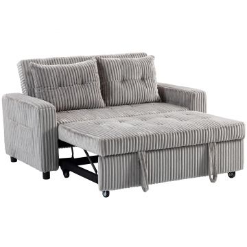 HOMCOM Canapea-pat 2 locuri, tapițerie din cord, se transformă în canapea extensibilă, 2 perne, buzunare laterale, 157 x 190 cm, Gri deschis | Aosom Romania