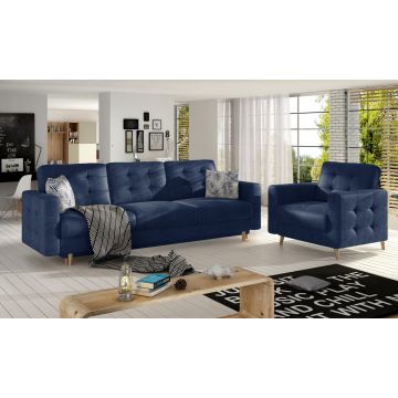 Set canapea extensibila 3 locuri si fotoliu ELTAP, Asgard, 235x95x86 cm / 107x92x86 cm, lemn/poliester, albastru inchis