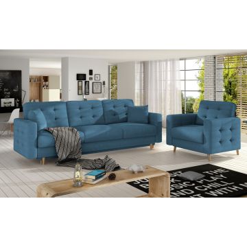 Set canapea extensibila 3 locuri si fotoliu ELTAP, Asgard, 235x95x86 cm / 107x92x86 cm, lemn/poliester, albastru