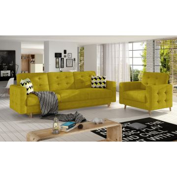 Set canapea extensibila 3 locuri si fotoliu ELTAP, Asgard, 235x95x86 cm / 107x92x86 cm, lemn/poliester, galben