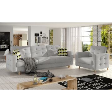 Set canapea extensibila 3 locuri si fotoliu ELTAP, Asgard, 235x95x86 cm / 107x92x86 cm, lemn/poliester, gri deschis