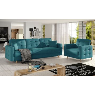 Set canapea extensibila 3 locuri si fotoliu ELTAP, Asgard, 235x95x86 cm / 107x92x86 cm, lemn/poliester, turcoaz