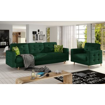 Set canapea extensibila 3 locuri si fotoliu ELTAP, Asgard, 235x95x86 cm / 107x92x86 cm, lemn/poliester, verde inchis