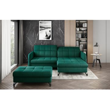 Set coltar extensibil dreapta 3 locuri si taburet ELTAP, Lor_PP_03, Lorelle, 225x160x105 cm / 100x70x45 cm, lemn/poliester, verde inchis