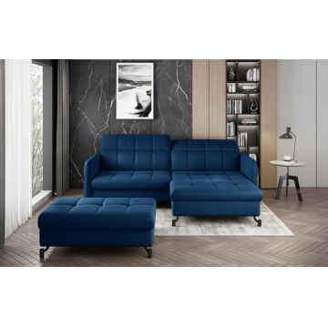 Set coltar extensibil dreapta 3 locuri si taburet ELTAP, Lor_PP_04, Lorelle, 225x160x105 cm / 100x70x45 cm, lemn/poliester, albastru inchis