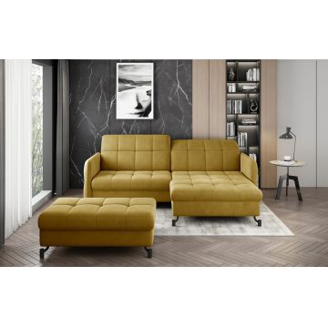 Set coltar extensibil dreapta 3 locuri si taburet ELTAP, Lor_PP_06, Lorelle, 225x160x105 cm / 100x70x45 cm, lemn/poliester, mustar