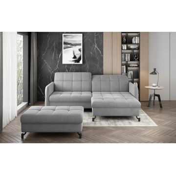 Set coltar extensibil dreapta 3 locuri si taburet ELTAP, Lor_PP_07, Lorelle, 225x160x105 cm / 100x70x45 cm, lemn/poliester, gri deschis