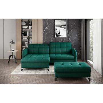 Set coltar extensibil stanga 3 locuri si taburet ELTAP, Lor_LP_03, Lorelle, 225x160x105 cm / 100x70x45 cm, lemn/poliester, verde inchis