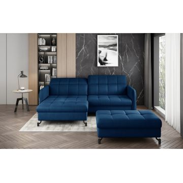 Set coltar extensibil stanga 3 locuri si taburet ELTAP, Lor_LP_04, Lorelle, 225x160x105 cm / 100x70x45 cm, lemn/poliester, albastru inchis