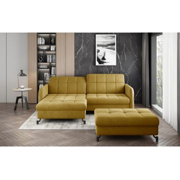 Set coltar extensibil stanga 3 locuri si taburet ELTAP, Lor_LP_06, Lorelle, 225x160x105 cm / 100x70x45 cm, lemn/poliester, mustar