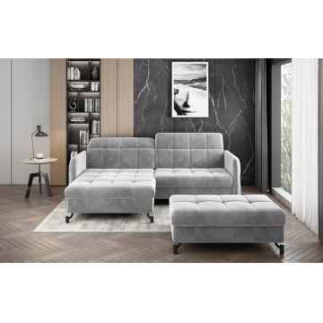 Set coltar extensibil stanga 3 locuri si taburet ELTAP, Lor_LP_11, Lorelle, 225x160x105 cm / 100x70x45 cm, lemn/poliester, gri deschis
