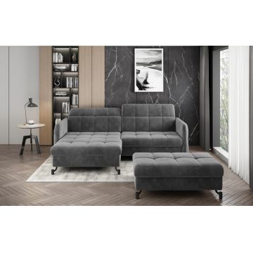 Set coltar extensibil stanga 3 locuri si taburet ELTAP, Lor_LP_12, Lorelle, 225x160x105 cm / 100x70x45 cm, lemn/poliester, gri inchis