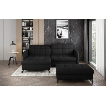 Set coltar extensibil stanga 3 locuri si taburet ELTAP, Lor_LP_27, Lorelle, 225x160x105 cm / 100x70x45 cm, lemn/poliester, negru