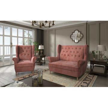 Set fotoliu si canapea 2 locuri ELTAP, Aros, 72x60x100 cm / 150x90x103 cm, lemn/poliester, roz