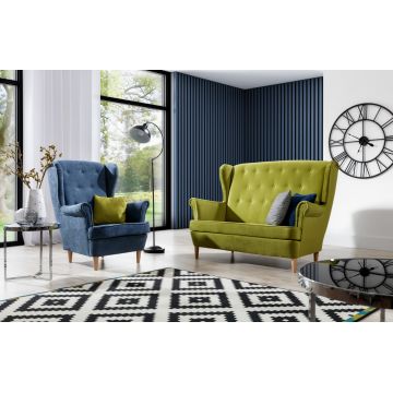 Set fotoliu si canapea 2 locuri ELTAP, Aros, 72x60x100 cm / 150x90x103 cm, lemn/poliester, verde/albastru