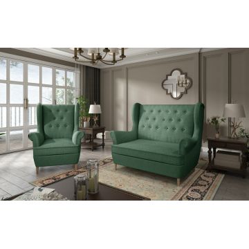 Set fotoliu si canapea 2 locuri ELTAP, Aros, 72x60x100 cm / 150x90x103 cm, lemn/poliester, verde