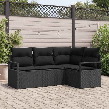 vidaXL Set de canapea cu pernă cu depozitare 4 pcs Negru poliratan
