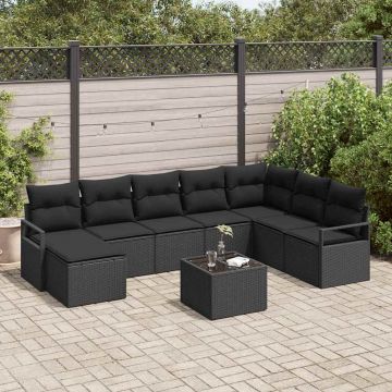 vidaXL Set de canapea cu pernă cu depozitare 9 pcs Negru poliratan