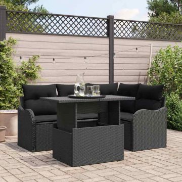 vidaXL Set de canapele pentru grădină cu pernă 5 pcs Negru Poli Rattan