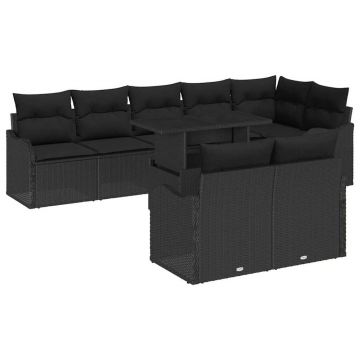vidaXL Set de canapele pentru grădină cu pernă 9 pcs Negru Poli Rattan