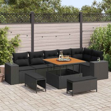 vidaXL Set de canapele pentru grădină cu pernă 9 pcs Negru poliratan
