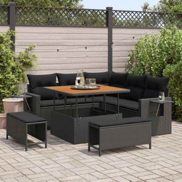 vidaXL Set de canapele pentru grădină cu pernă 9 pcs Negru poliratan