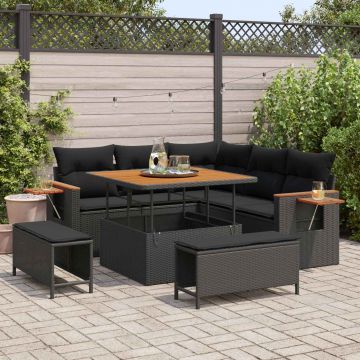 vidaXL Set de canapele pentru grădină cu pernă 9 pcs Negru poliratan