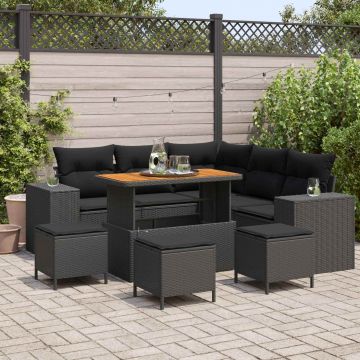 vidaXL Set de canapele pentru grădină cu pernă 9 pcs Negru poliratan