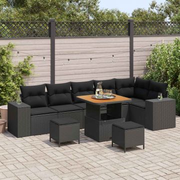 vidaXL Set de canapele pentru grădină cu pernă 9 pcs Negru poliratan