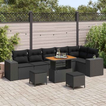 vidaXL Set de canapele pentru grădină cu pernă 9 pcs Negru poliratan