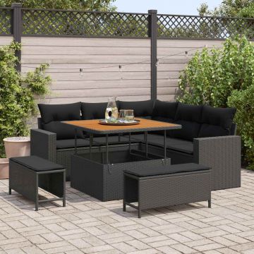 vidaXL Set de canapele pentru grădină cu pernă 9 pcs Negru poliratan