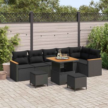 vidaXL Set de canapele pentru grădină cu pernă 9 pcs Negru Rattan poli