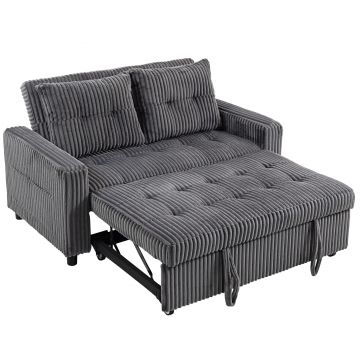 HOMCOM Pat-canapea 2 locuri, husă din cord, transformabil în canapea de dormit, 2 perne, buzunare laterale, 157 x 190 cm, gri închis | Aosom Romania