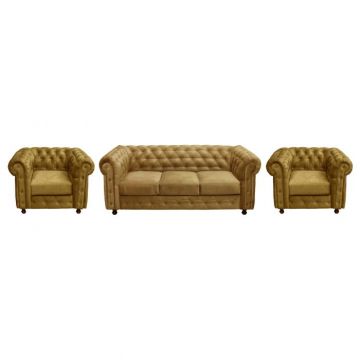 Set CHESTERFIELD 3-1-1, canapea  extensibila 3 locuri si 2 fotolii fixe, galben