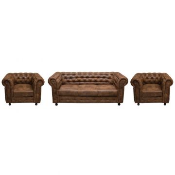 Set CHESTERFIELD 3-1-1, canapea extensibila 3 locuri si 2 fotolii fixe, maro