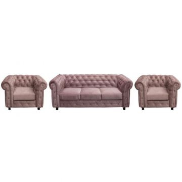 Set CHESTERFIELD 3-1-1, canapea extensibila 3 locuri si 2 fotolii fixe, roz prafuit