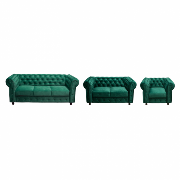 Set CHESTERFIELD 3-2-1, canapea fixa 3 locuri, canapea fixa 2 locuri si 1 fotoliu fix, verde